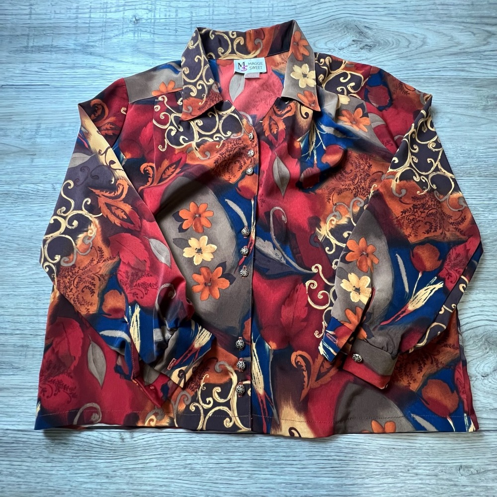 Maggie Sweet Blouse Women Petite Medium PM Red Floral Falling Leaves Vintage USA